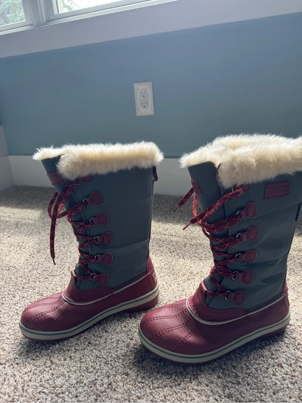 L.L. Bean Burgundy and Gray Faux-Fur Lace-Up Winter Boots